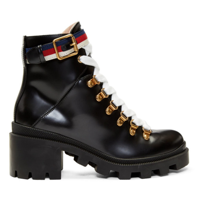 Shop Gucci Black Leather Sylvie Boots In 1159 Nero/mys.wh.h.r