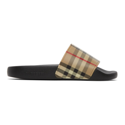 Shop Burberry Check Furley Slides In Archive Beige