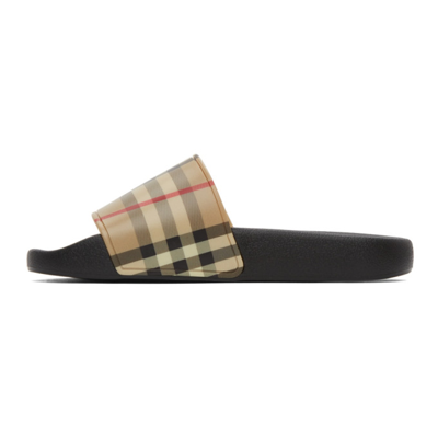 Shop Burberry Check Furley Slides In Archive Beige
