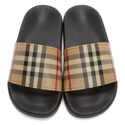 Burberry Check Slide Flat Open Toe Slippers In Black