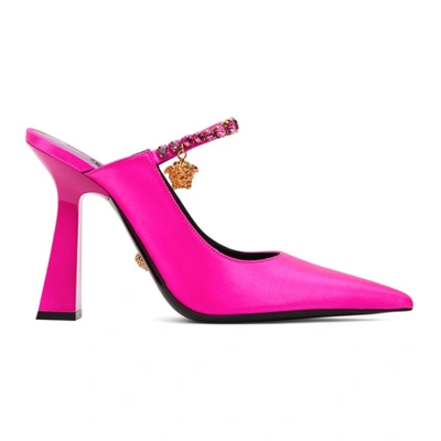 Shop Versace Pink Satin Artifact Mules In 1pa4v Fushia