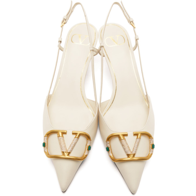 Shop Valentino White Vlogo Cabochon Slingback Heels In I16 Light Ivory