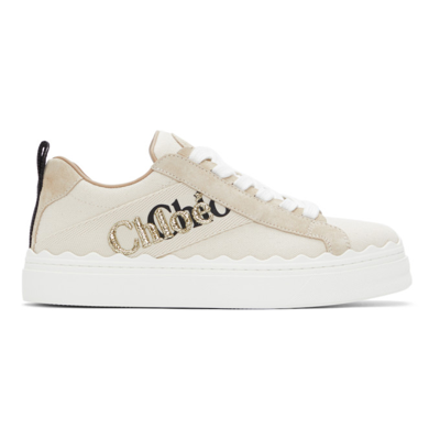 Shop Chloé Beige Canvas Embroidered Lauren Sneakers In 101 White