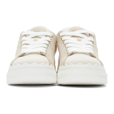 Shop Chloé Beige Canvas Embroidered Lauren Sneakers In 101 White
