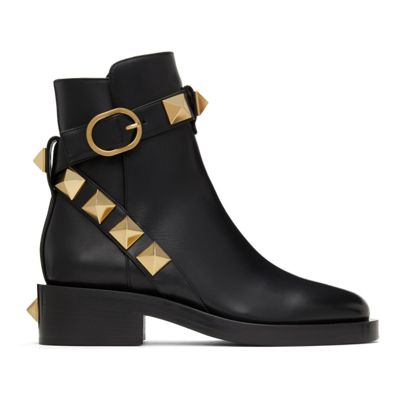 Shop Valentino Leather Roman Stud Boots In 0no Black