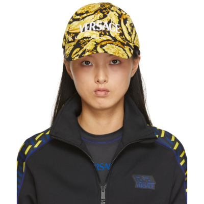 Shop Versace Black & Yellow Baroque Print Cap In 5b000 Blk/y