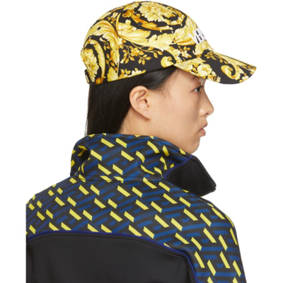 Shop Versace Black & Yellow Baroque Print Cap In 5b000 Blk/y