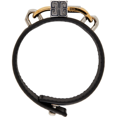 Shop Givenchy Black Leather Lock Bracelet In 711 Golden/silvery