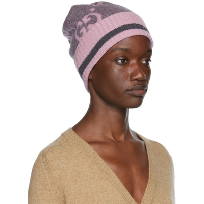 Gucci Grey And Pink Gg Cashmere Beanie Hat | ModeSens