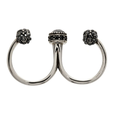 Shop Alexander Mcqueen Gunmetal Double Skull Ring In 1177 0446+jet Hemati