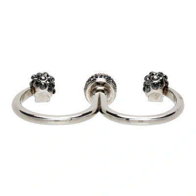 Shop Alexander Mcqueen Gunmetal Double Skull Ring In 1177 0446+jet Hemati