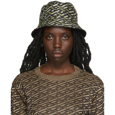 Shop Versace Black Monogram Print Bucket Hat In 2g410 Kaki/black