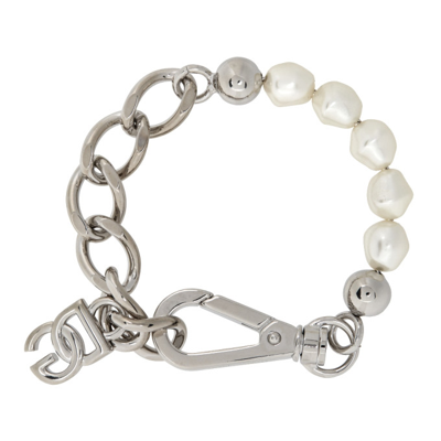 Shop Dolce & Gabbana Silver Pearl Logo Bracelet In 87655 Silve