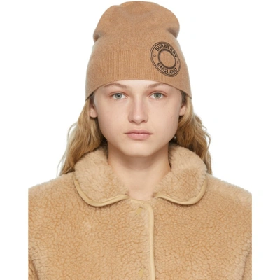 Shop Burberry Tan Cashmere Graphic Logo Beanie In Camel