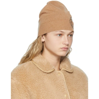 Shop Burberry Tan Cashmere Graphic Logo Beanie In Camel