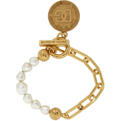 Shop Dolce & Gabbana Gold Pearl Logo Coin Bracelet In Zoo00 Gold