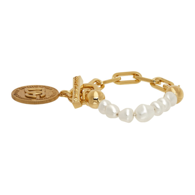 Shop Dolce & Gabbana Gold Pearl Logo Coin Bracelet In Zoo00 Gold