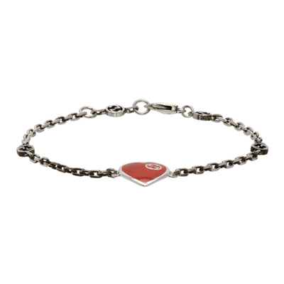 Shop Gucci Silver & Red Interlocking G Heart Bracelet In 1192 8106/0728/red