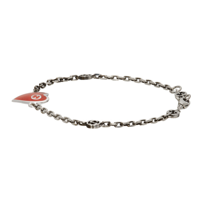 Shop Gucci Silver & Red Interlocking G Heart Bracelet In 1192 8106/0728/red