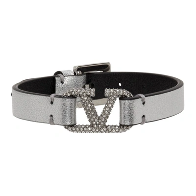 Valentino Garavani Silver Vlogo Crystal Leather Bracelet In Black | ModeSens