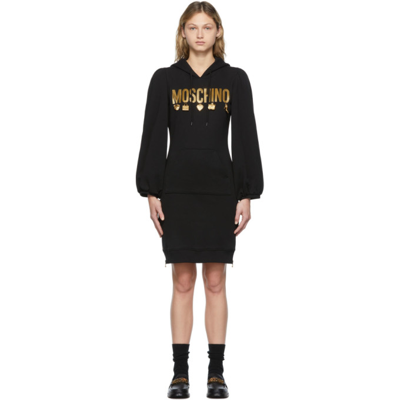 Shop Moschino Black Fitted Charm Hoodie Dress In A1555 Black
