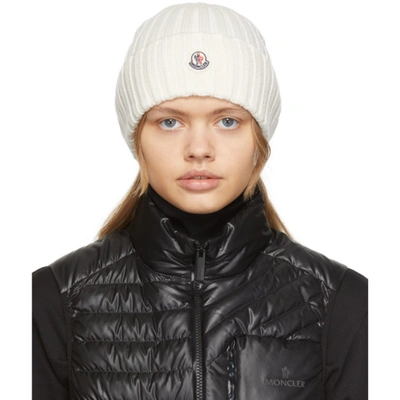 Shop Moncler White Rib Knit Beanie In 030 White