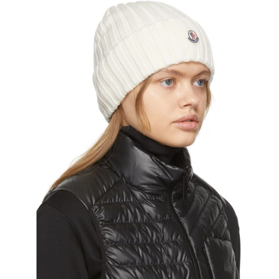 Shop Moncler White Rib Knit Beanie In 030 White