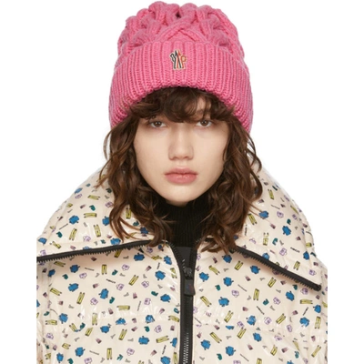 Shop Moncler Pink Cable Knit Logo Beanie In 550 Pink