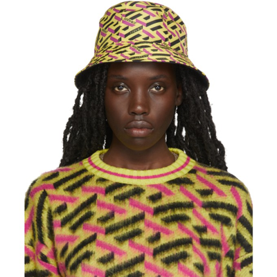 Shop Versace Yellow Monogram Print Bucket Hat In 2y000 Yello