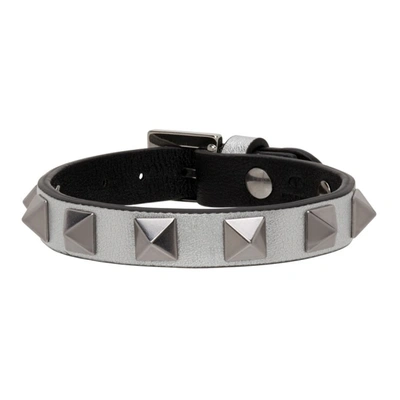 Shop Valentino Silver Calfskin Rockstud Bracelet In T29 Silver/nero/pall