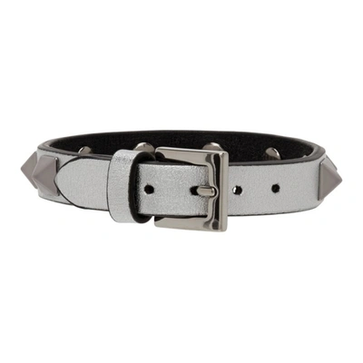 Shop Valentino Silver Calfskin Rockstud Bracelet In T29 Silver/nero/pall
