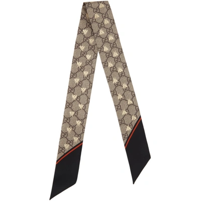Shop Gucci Brown Silk Gg Bee Neck Scarf In Black/red