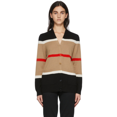 Shop Burberry Tan Cashmere & Silk Striped Philippa Cardigan In Camel