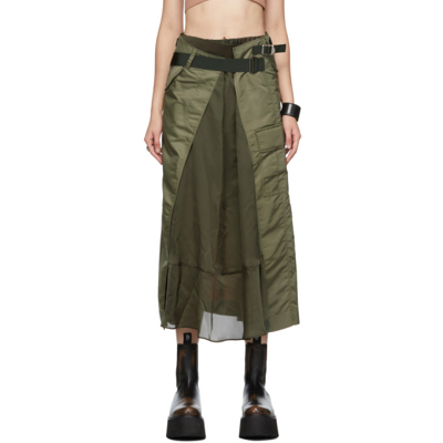 Shop Sacai Green Nylon Paneled Skirt In 501 Khaki