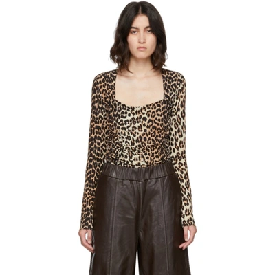 Shop Ganni Long Sleeve Bodysuit In 943 Leopard