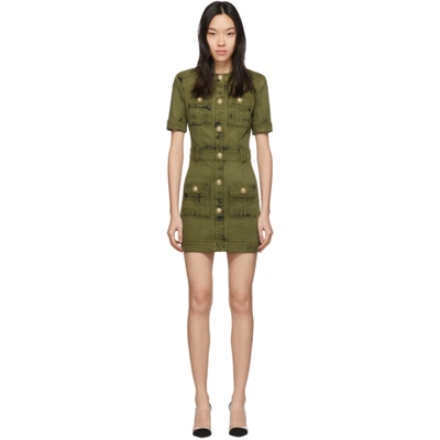 Shop Balmain Khaki Denim Mini Dress In 7ua Kaki