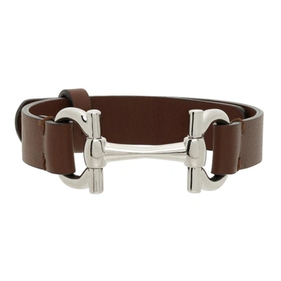 Shop Ferragamo Brown Leather Horsebit Bracelet In Bark Brown/palladium Lucid