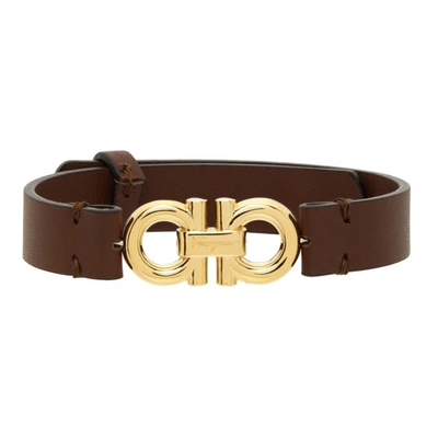 Shop Ferragamo Brown Leather Gancinni Bracelet In Bark Brown/palladium Lucid Gold