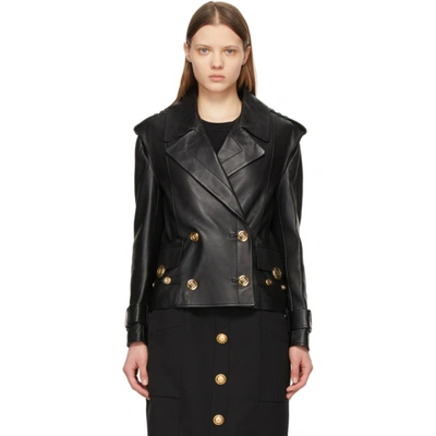 Shop Balmain Black Leather Pea Coat In 0pa Black