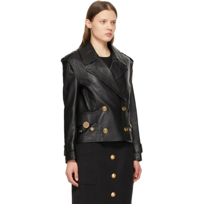 Shop Balmain Black Leather Pea Coat In 0pa Black