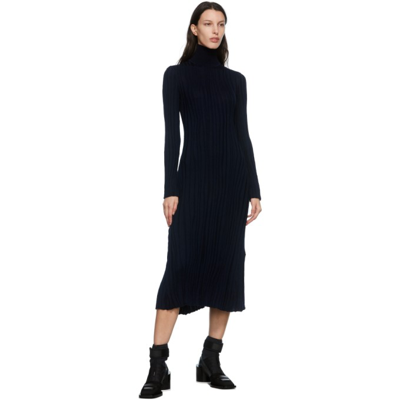 Navy Winding Ribbed Knitted Dress In Blue
