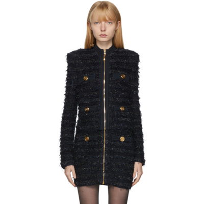 Shop Balmain Navy Collarless Tweed Jacket In 6ae Bleu Marine Fonc