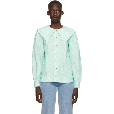 Shop Ganni Blue Printed Poplin Shirt In 870 Corydalis Blue