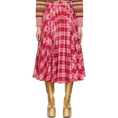 Shop Molly Goddard Pink & Red Tartan Pleated Skirt In Pink/red