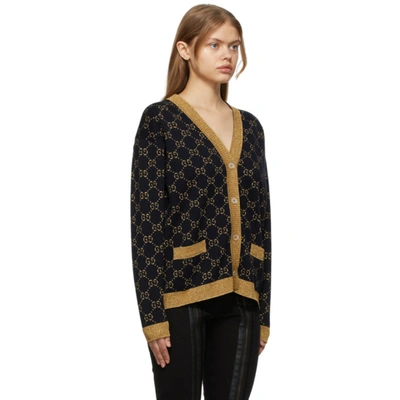 Shop Gucci Navy Gg Cotton Lamé Cardigan In 4921 Blue/gold