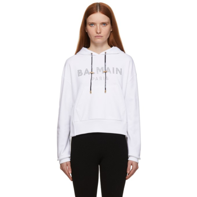 Shop Balmain White Strass Hoodie In Gab Blanc