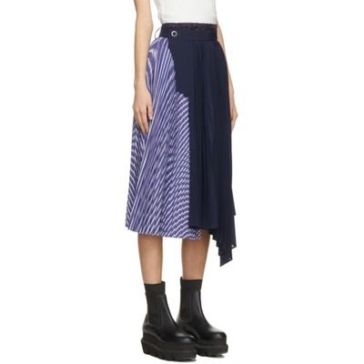 Shop Sacai Navy & Blue Pleated Side Closure Skirt In 905 Stripe/navy