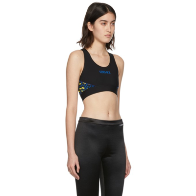 Shop Versace Black & Blue Logo Sports Bra In 5b010 Black+blue