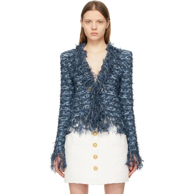 Shop Balmain Blue Tweed Fringed Jacket In 6ff Bleu Je