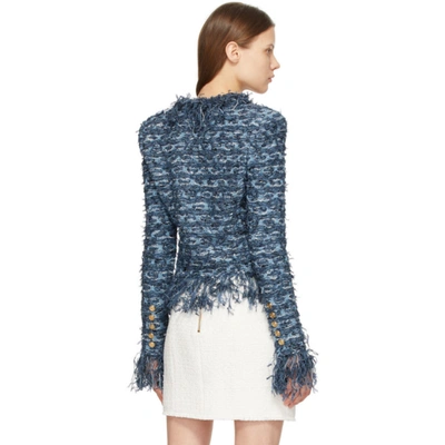 Shop Balmain Blue Tweed Fringed Jacket In 6ff Bleu Je